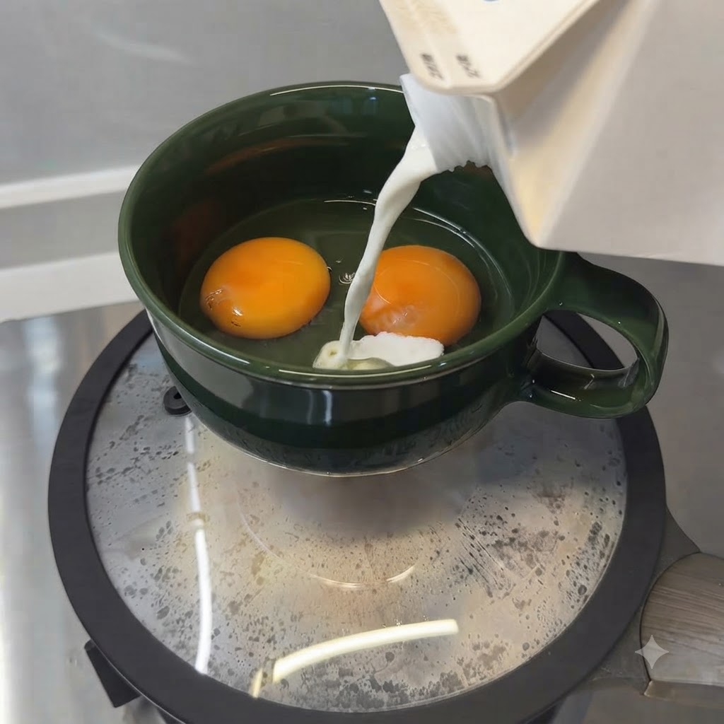 Mleko wlewane z kartonu do miski z jajkami.