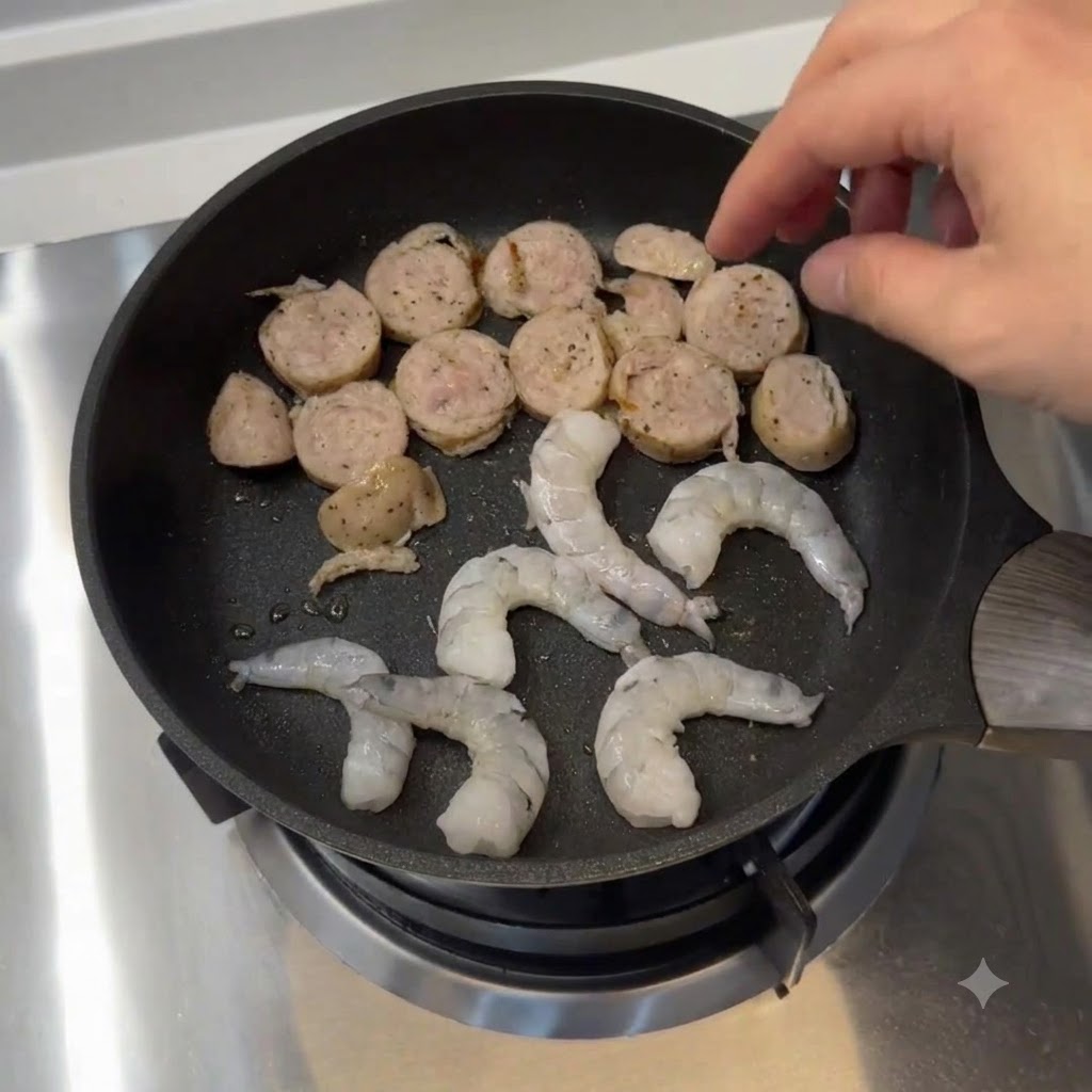Pokrojona kiełbasa i surowe krewetki ułożone na patelni na palniku gazowym.