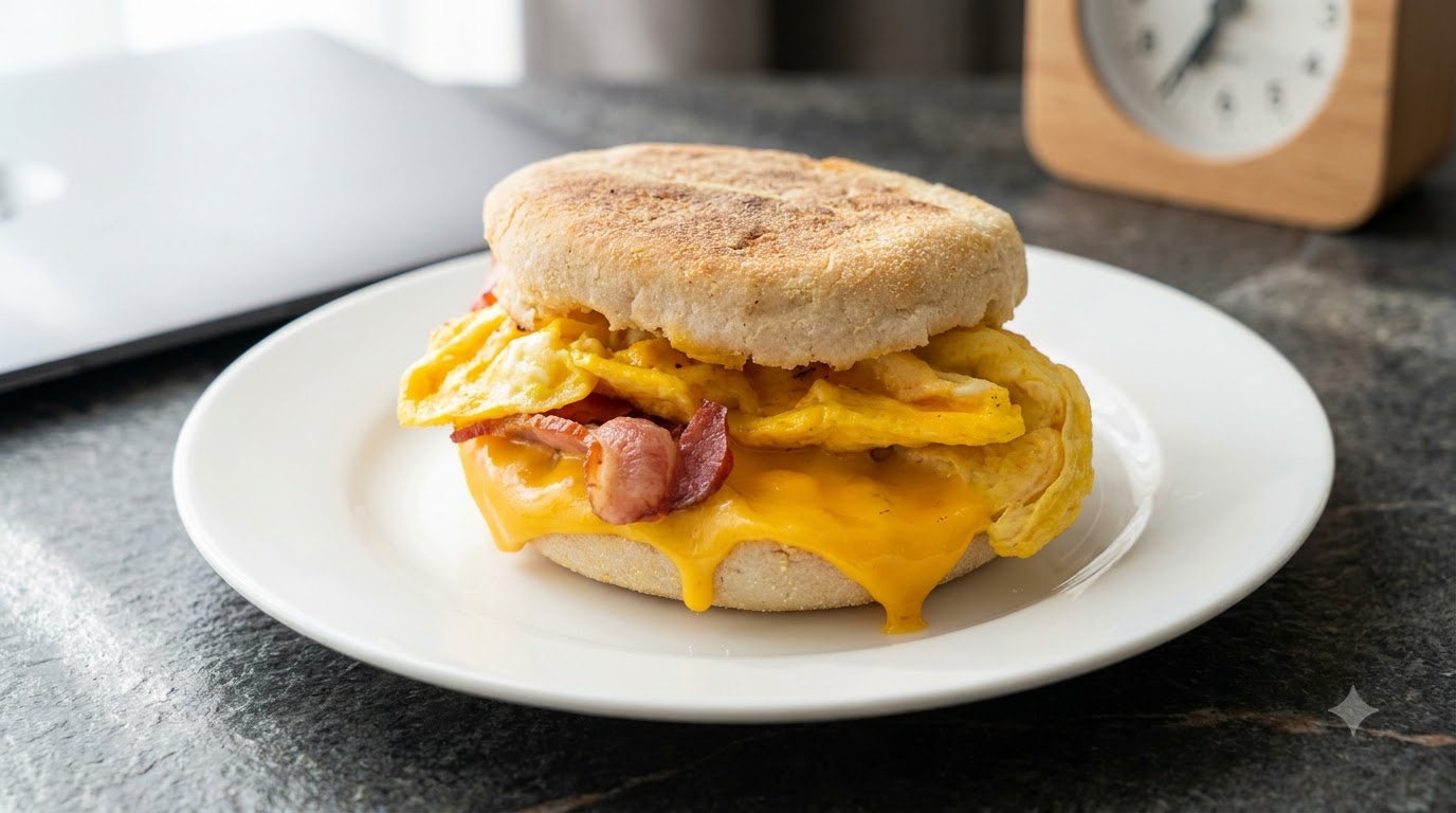 Domowa kanapka śniadaniowa z muffinem angielskim