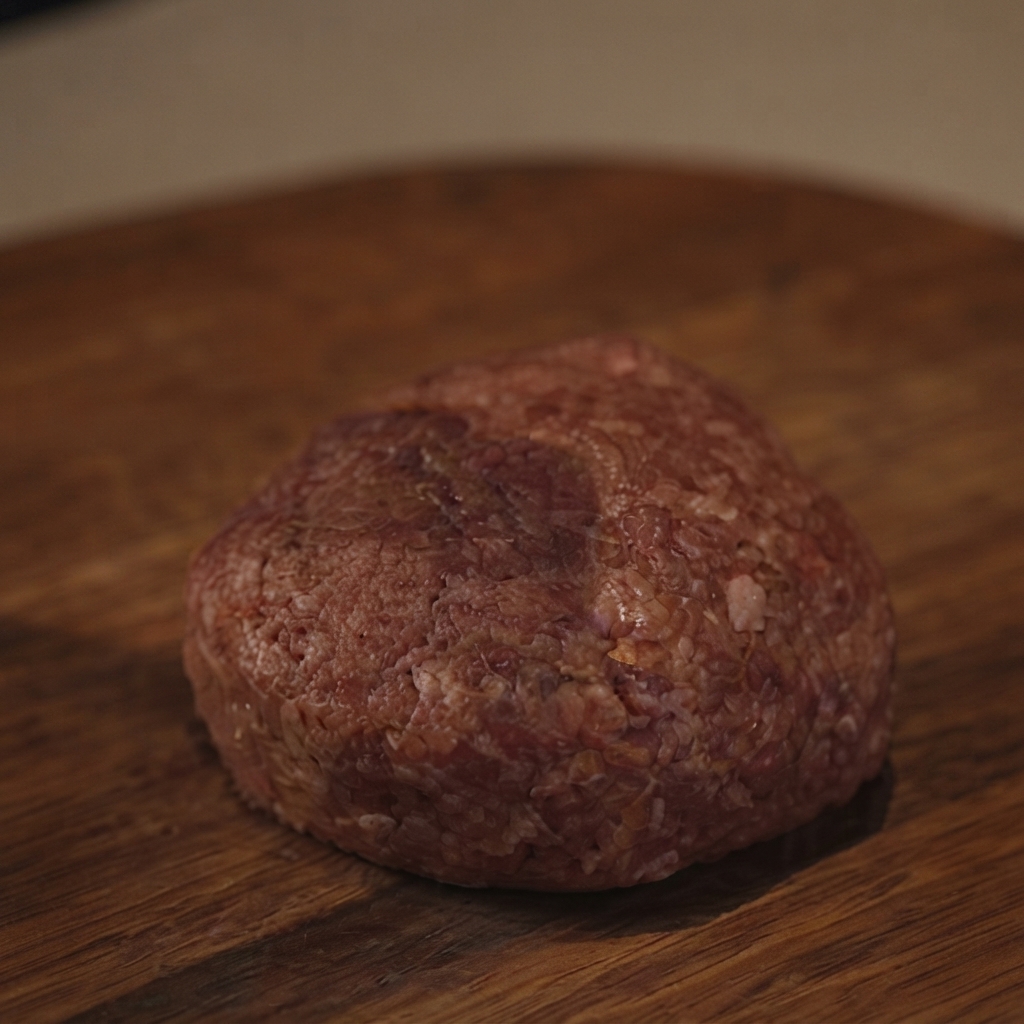 Świeżo uformowany surowy kotlet wołowy na okrągłej drewnianej desce do krojenia.