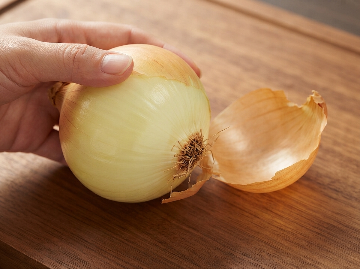 Cebula krojona na pół poziomo na drewnianej desce za pomocą ostrego noża szefa kuchni.