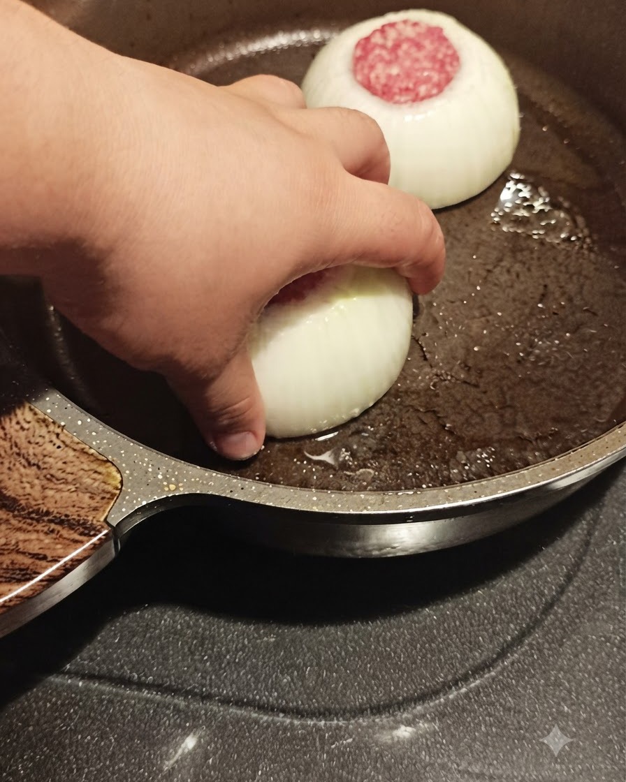 Ręka wkładająca napełniony mięsem krążek cebuli do gorącej patelni obok posiekanej cebuli.