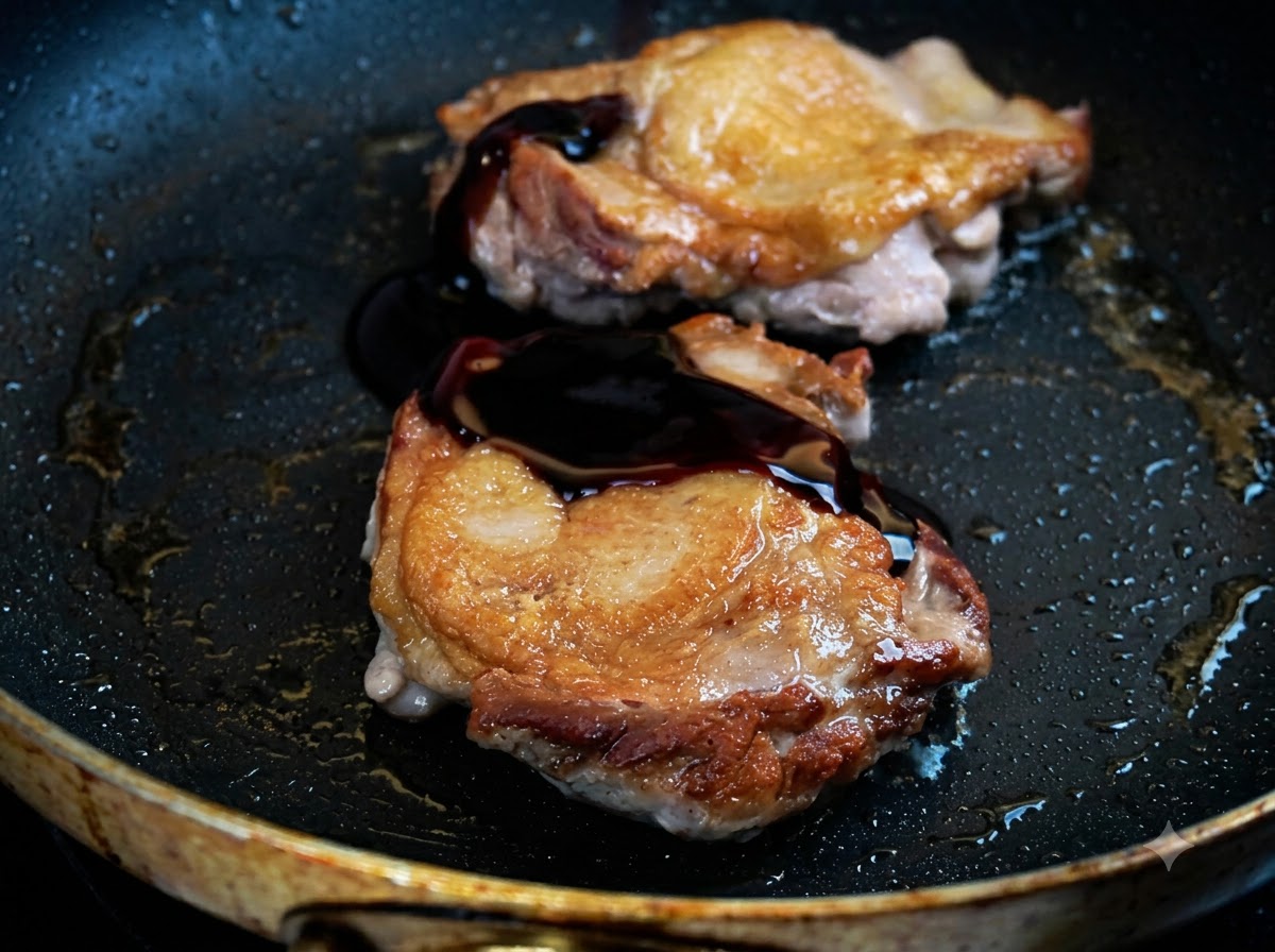 Ciemny sos teriyaki polewany na złocisto-brązowe, smażone udka z kurczaka na patelni.