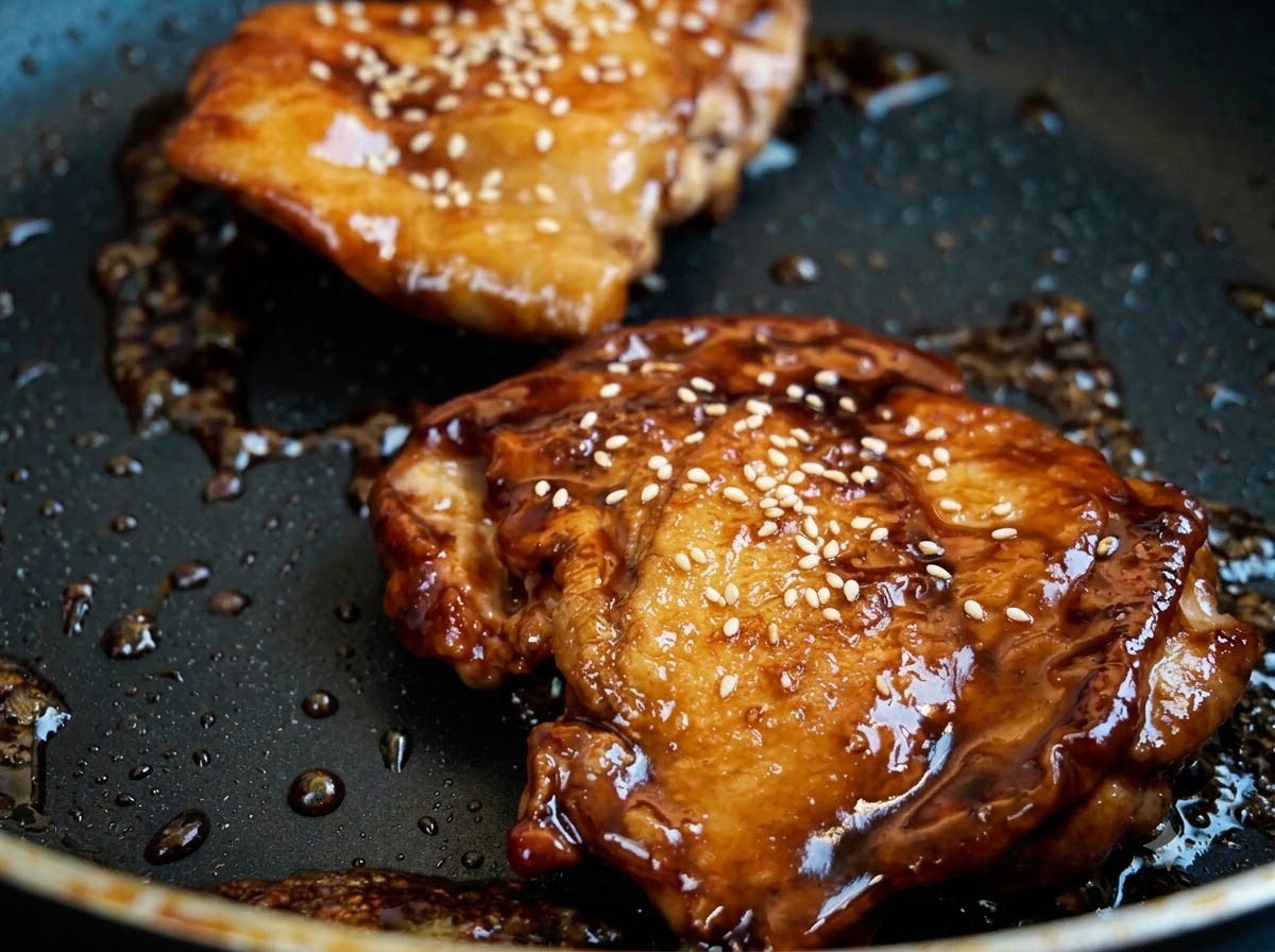 Widok z bliska na glazurowane udka z kurczaka teriyaki na patelni przyozdobione rozrzuconymi białymi nasionami sezamu.