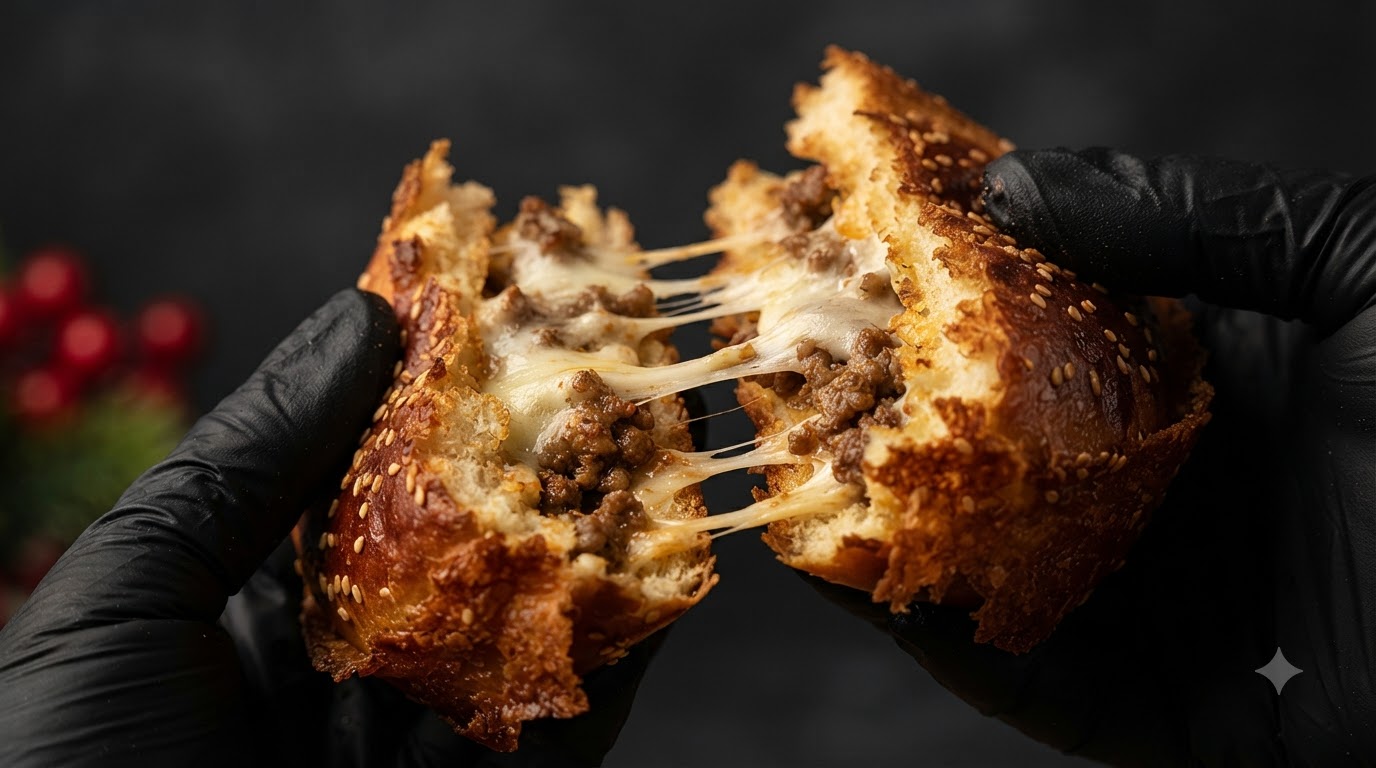 Zbliżenie na rozciągający się zapiekany burger wołowy, ukazujące ciągnący się roztopiony ser i aromatyczne nadzienie mięsne wewnątrz chrupiącej bułki.
