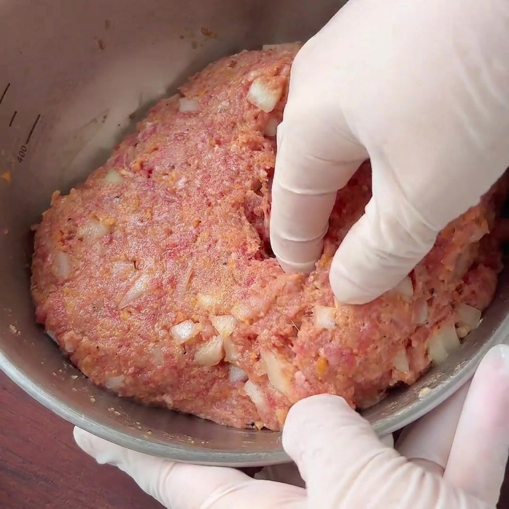Ręce w rękawiczkach formujące gęstą masę mięsno-cebulową w gruby, okrągły kotlet wewnątrz metalowej miski.