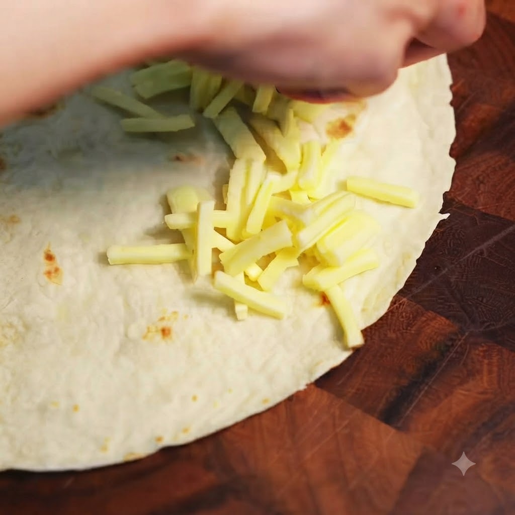 Starty ser mozzarella rozsypany na jednej połowie okrągłej pszennej tortilli leżącej na drewnianej desce.
