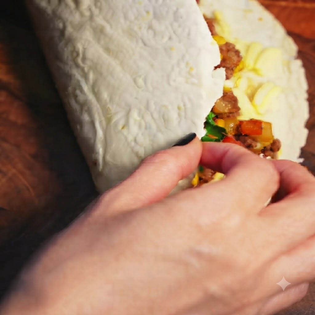 Pszenna tortilla składana na pół nad nadzieniem z mięsa, sera i warzyw.