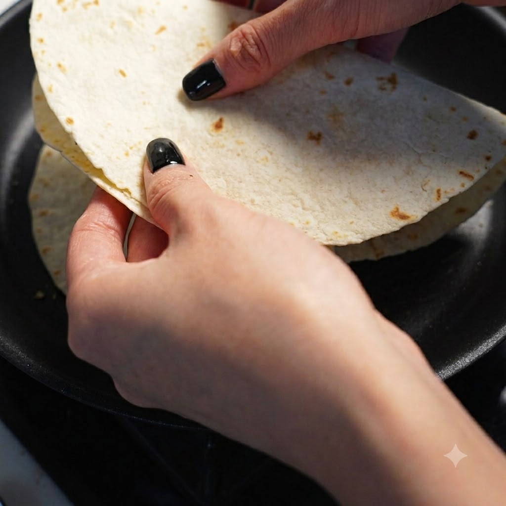 Złożona quesadilla układana na gorącej czarnej patelni z nieprzywierającą powłoką.
