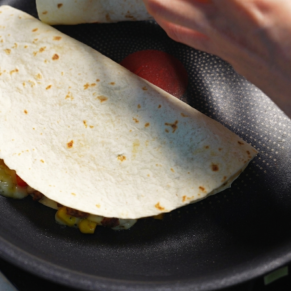 Złożona tortilla quesadilla smażąca się na ciemnej patelni, obracana za pomocą łopatki.