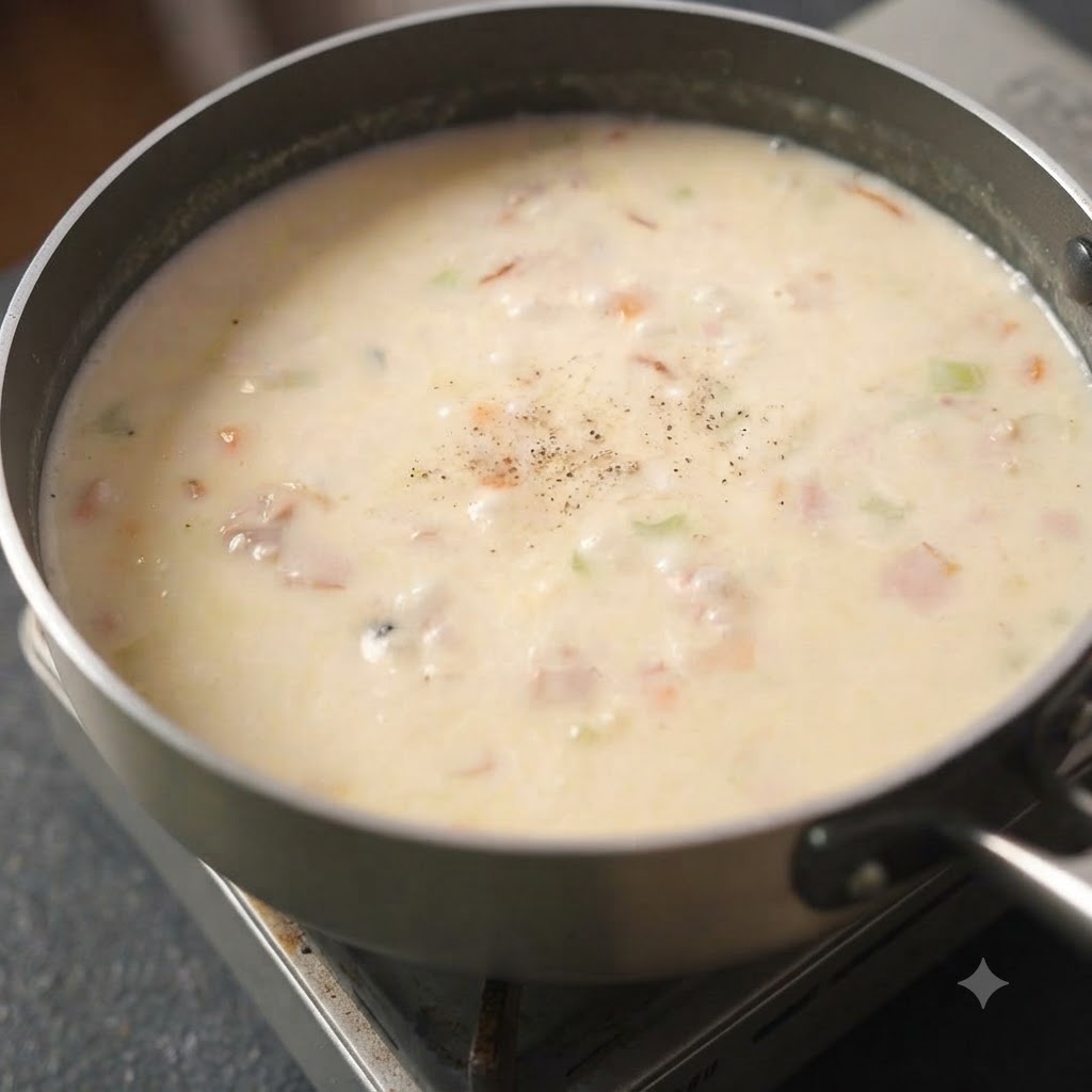 Kremowy chowder dokładnie mieszany w garnku.