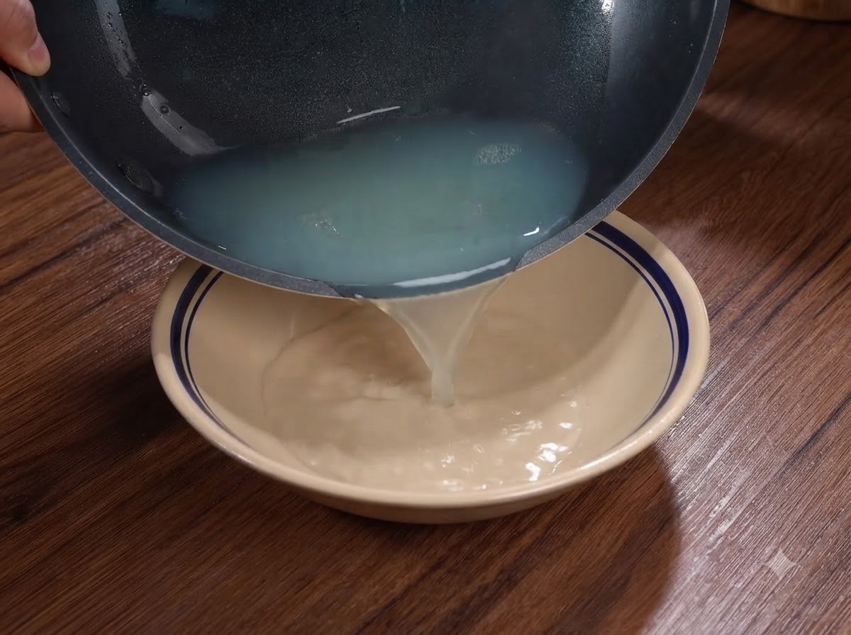 Mętny bulion z małży przelewany z woka do ceramicznej miski.