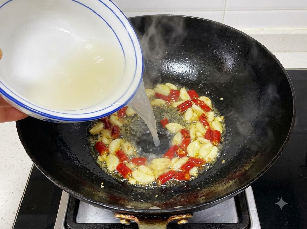 Płyn wlewany do woka zawierającego podsmażony czosnek i chili.