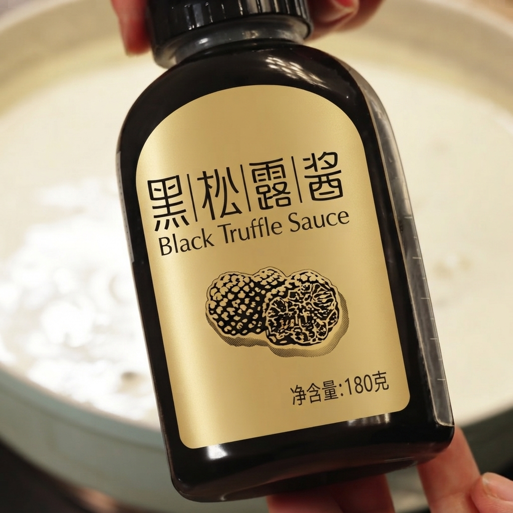 Butelka z etykietą Black Truffle Sauce trzymana nad garnkiem z kremową zupą.