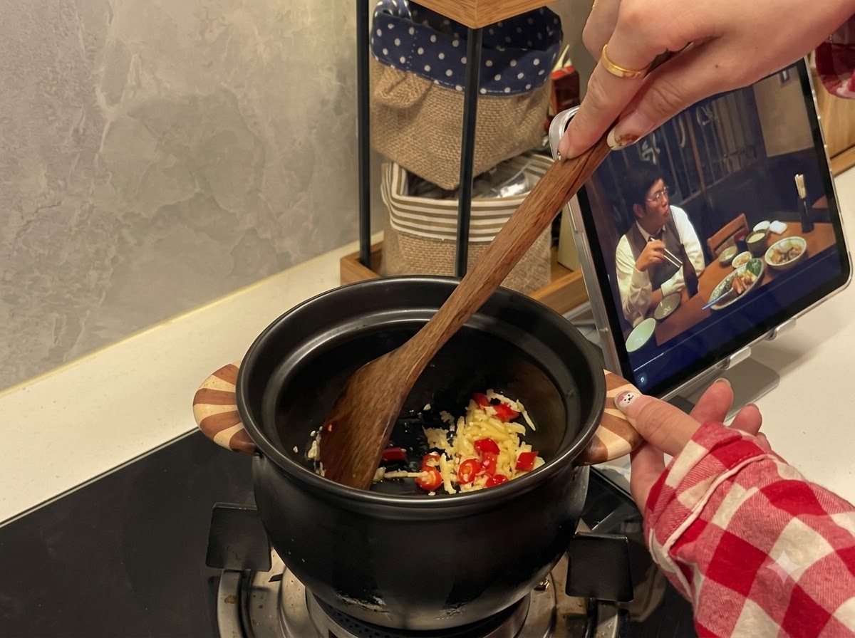 Drewniana łopatka mieszająca posiekany czosnek i papryczki chili w czarnym garnku ceramicznym na kuchence.