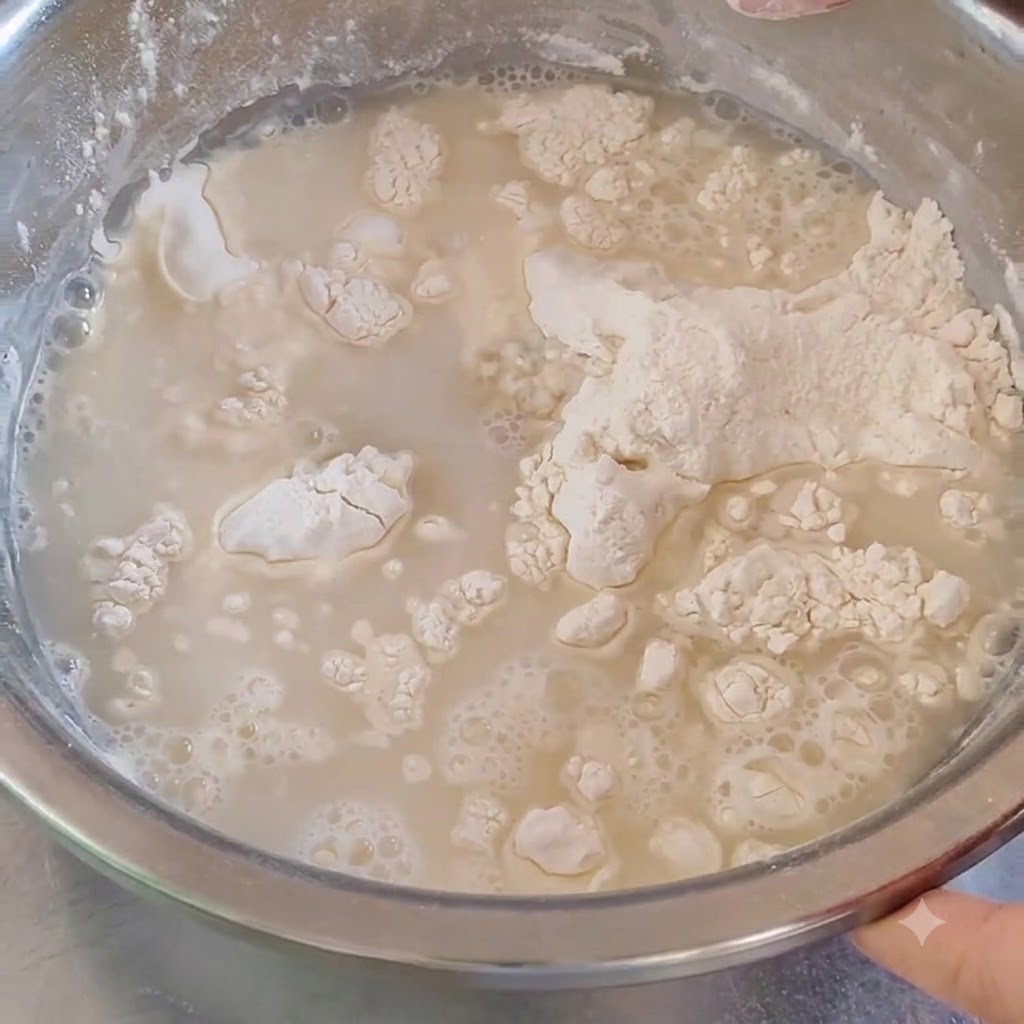 Ciepła woda wlewana i mieszana z mąką o wysokiej zawartości glutenu w metalowej misce.