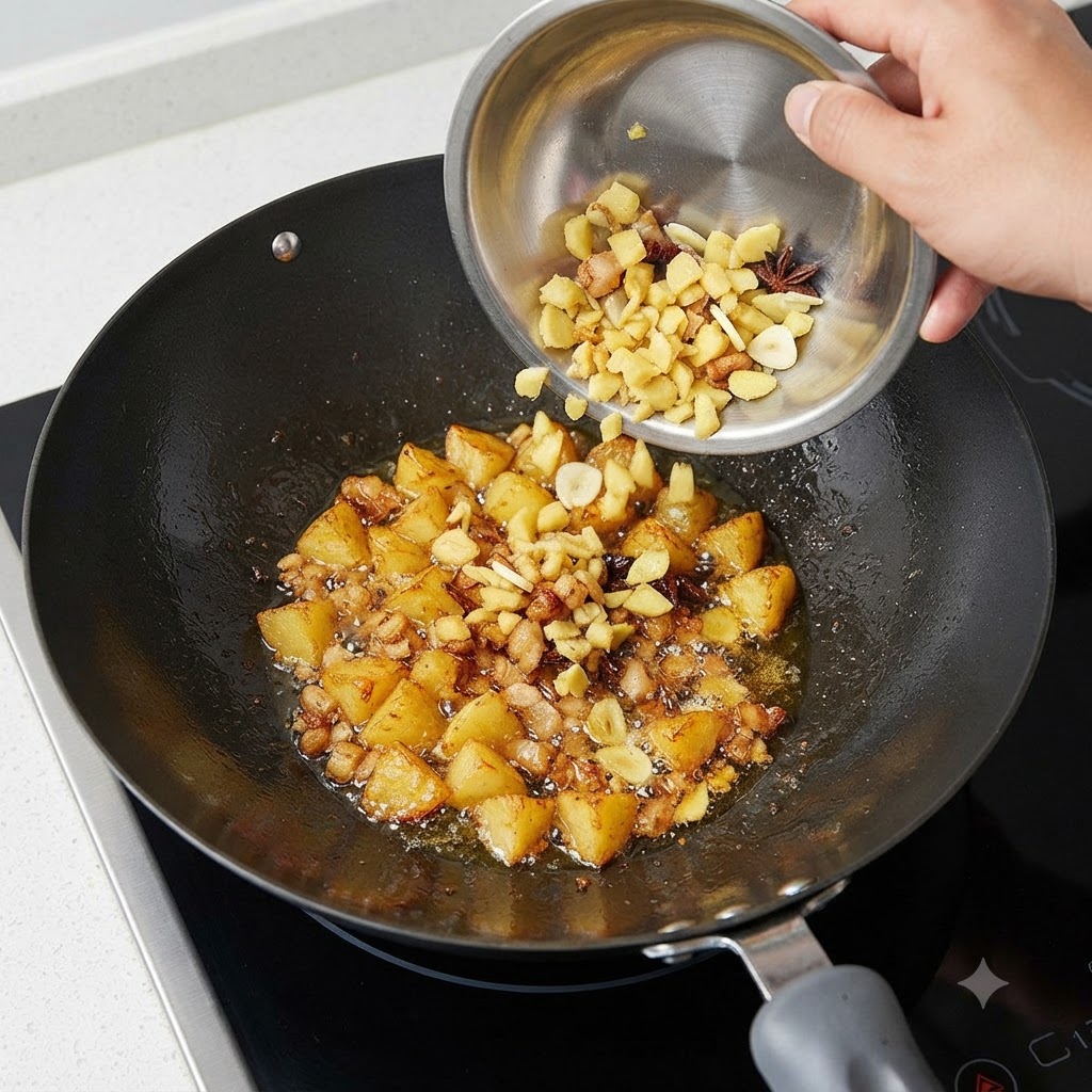 Wok z wytapiającym się tłuszczem wieprzowym i pokrojonym imbirem wsypywanym z miski ze stali nierdzewnej.