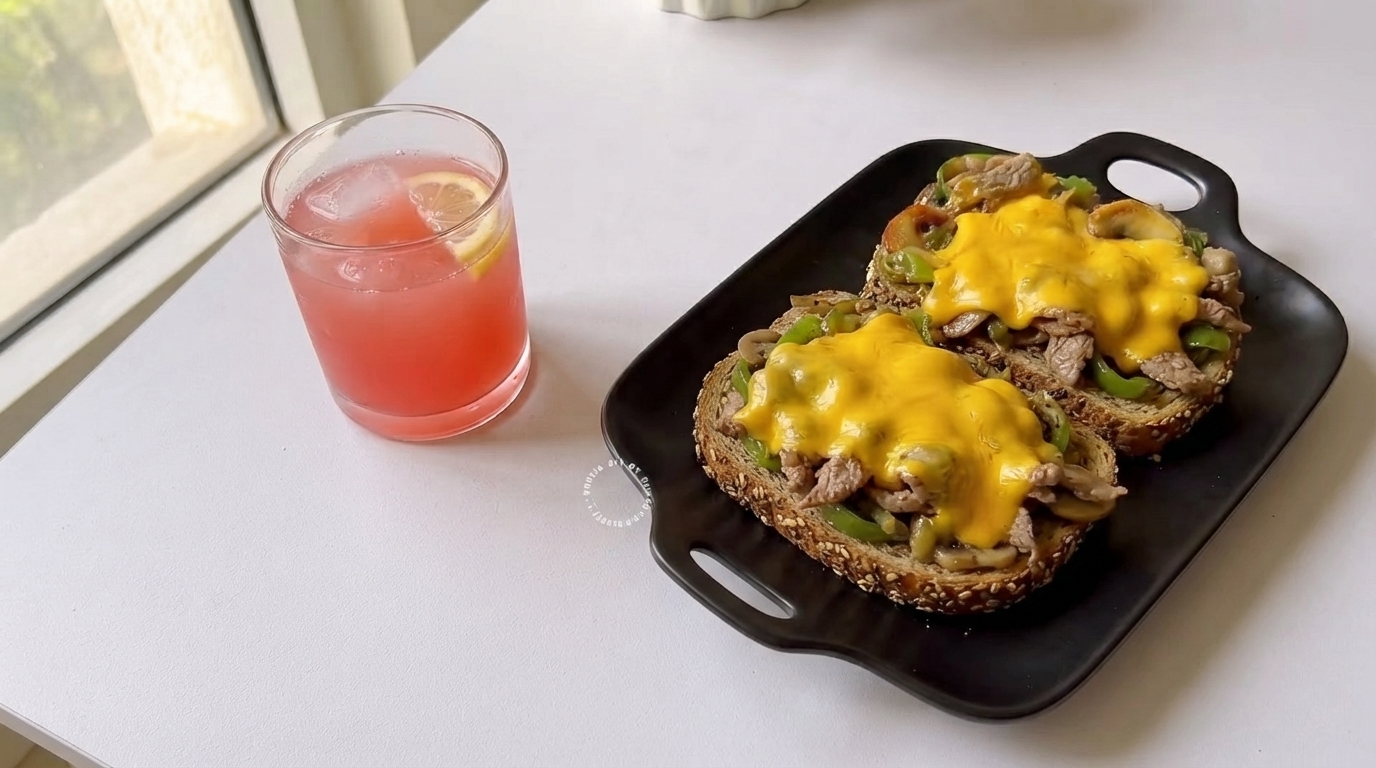 Dwa otwarte tosty z Philly cheesesteak na chlebie pełnoziarnistym z roztopionym żółtym serem na czarnym talerzu, w towarzystwie szklanki różowego napoju owocowego na białym tle.