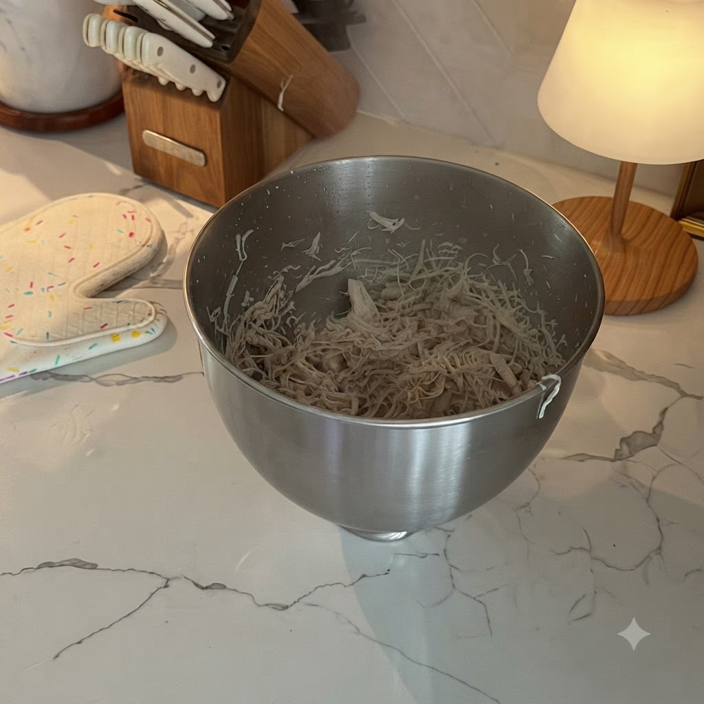 Drobno poszarpane ugotowane piersi z kurczaka w misce ze stali nierdzewnej na marmurowym blacie.