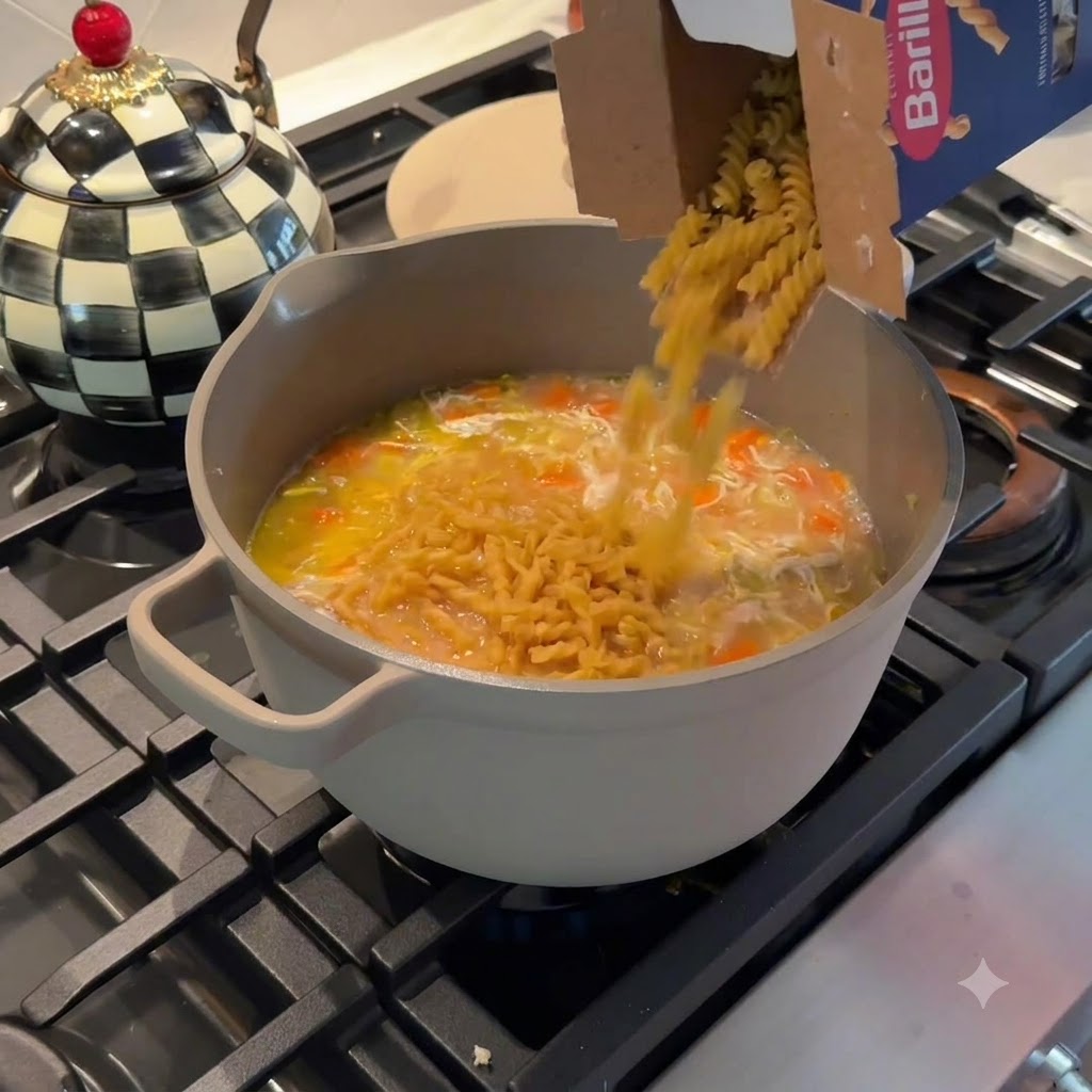 Suchy makaron świderki wsypywany prosto z pudełka marki Barilla do garnka z gotującą się zupą makaronową z kurczakiem.