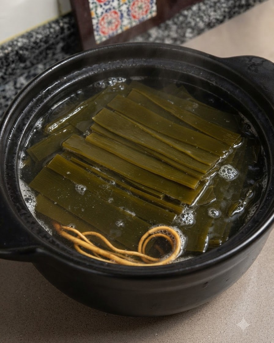 Chochla mieszająca gorący bulion zawierający pokrojone wodorosty kelp, kwiaty kordycepsu i kurczaka w glinianym garnku.