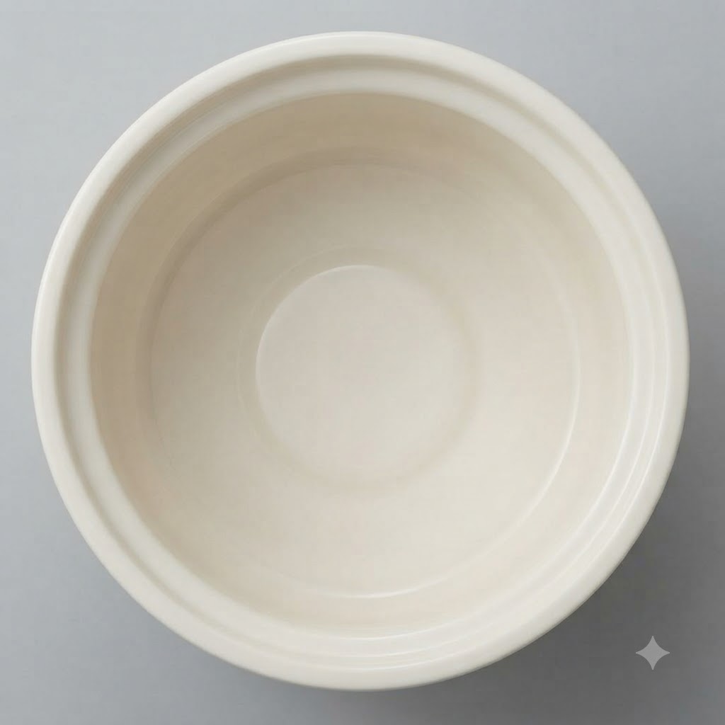 Puste wnętrze ceramicznego garnka do gotowania pod ciśnieniem w kremowym kolorze.