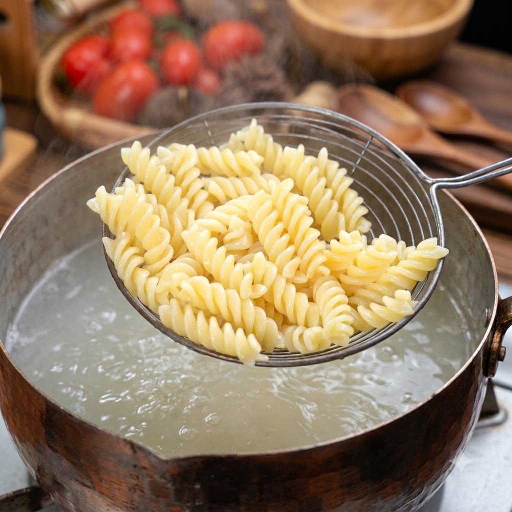Wyjmowanie ugotowanego makaronu fusilli z wody łyżką cedzakową.