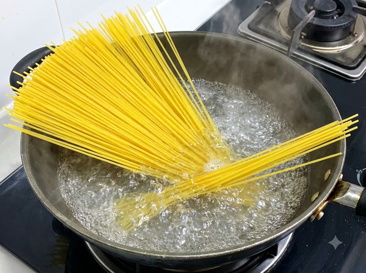 Długie żółte nitki makaronu spaghetti gotujące się w garnku z bulgoczącą gorącą wodą.