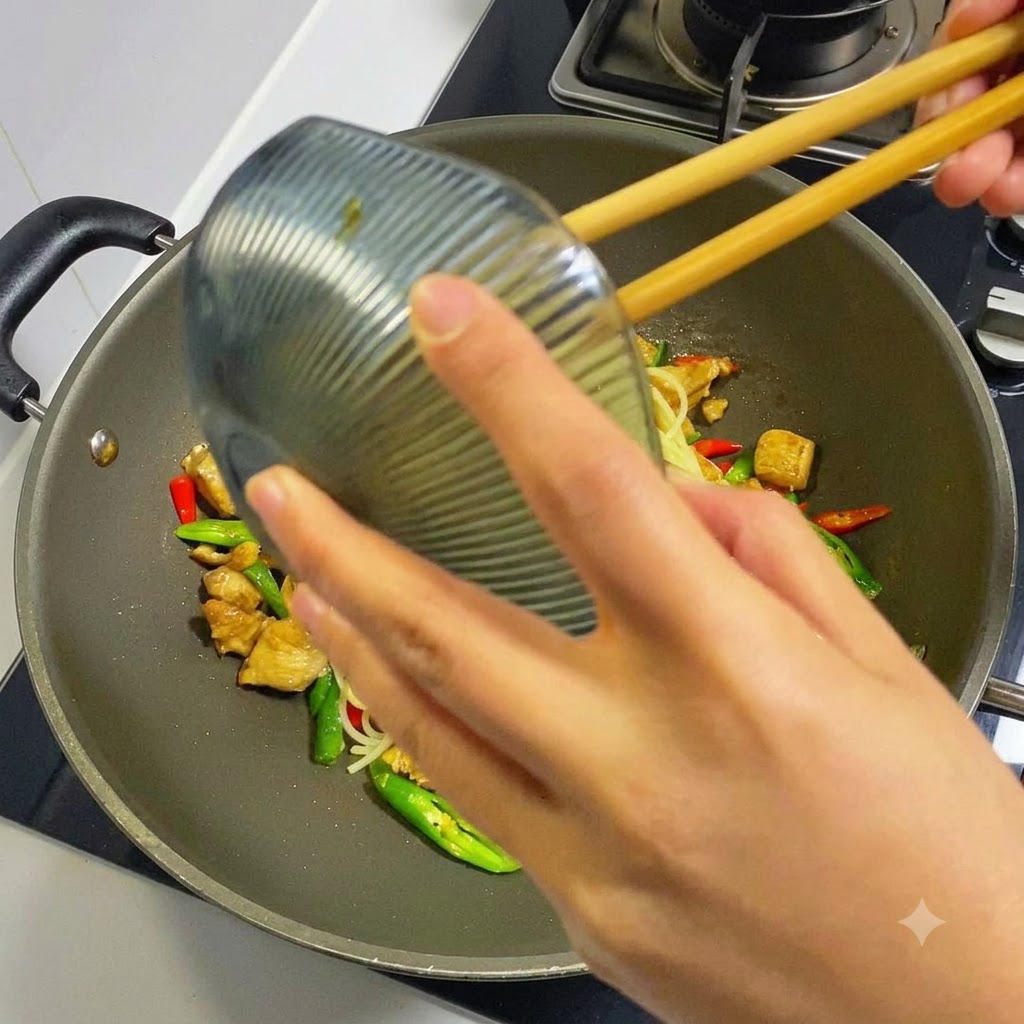 Ręce wlewające ciemny, wytrawny sos z małej miski do woka z makaronem spaghetti i kurczakiem.