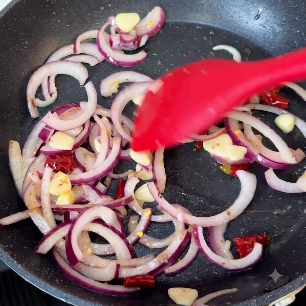 Plasterki czerwonej cebuli, czosnek i suszone chili mieszane na gorącej patelni za pomocą czerwonej silikonowej łopatki.