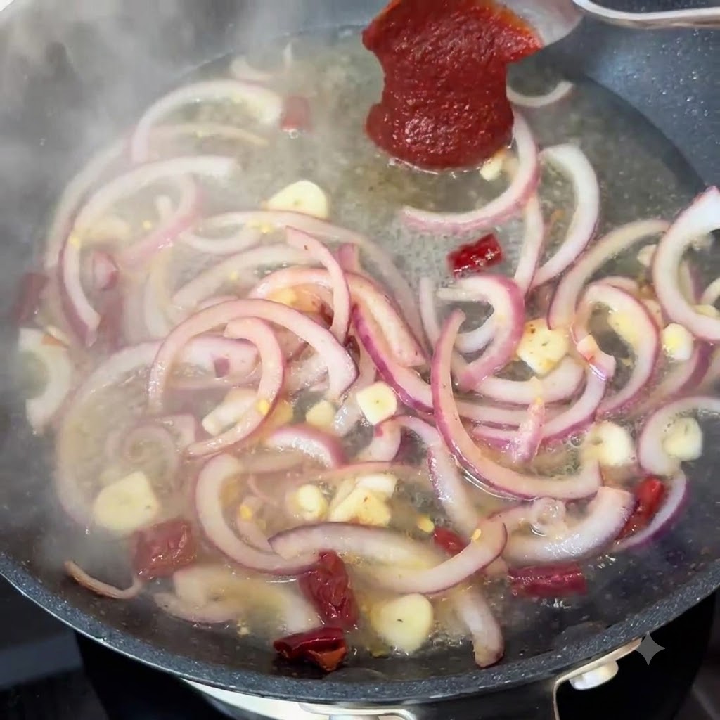 Koreańska pasta pikantna nakładana łyżką na patelnię z wodą, cebulą i przyprawami.