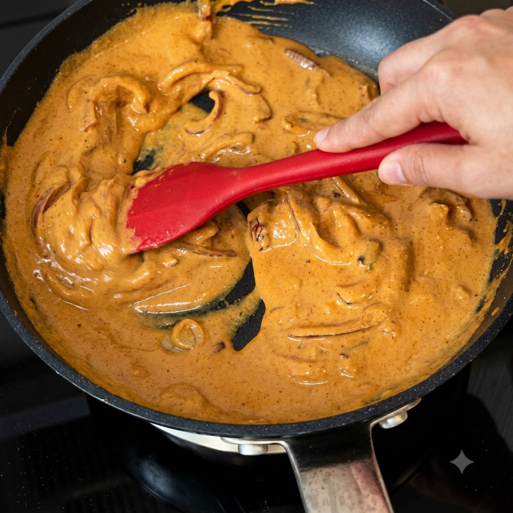 Czerwona łopatka mieszająca gładki, gęsty, pomarańczowy sos curry na patelni.