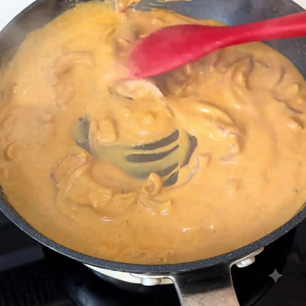 Ugotowany makaron spaghetti łączący się z gęstym, bulgoczącym pomarańczowym sosem curry na patelni.