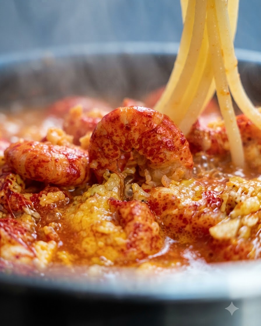 Długie nitki ugotowanego spaghetti unoszone i dodawane do patelni z sosem z raków.
