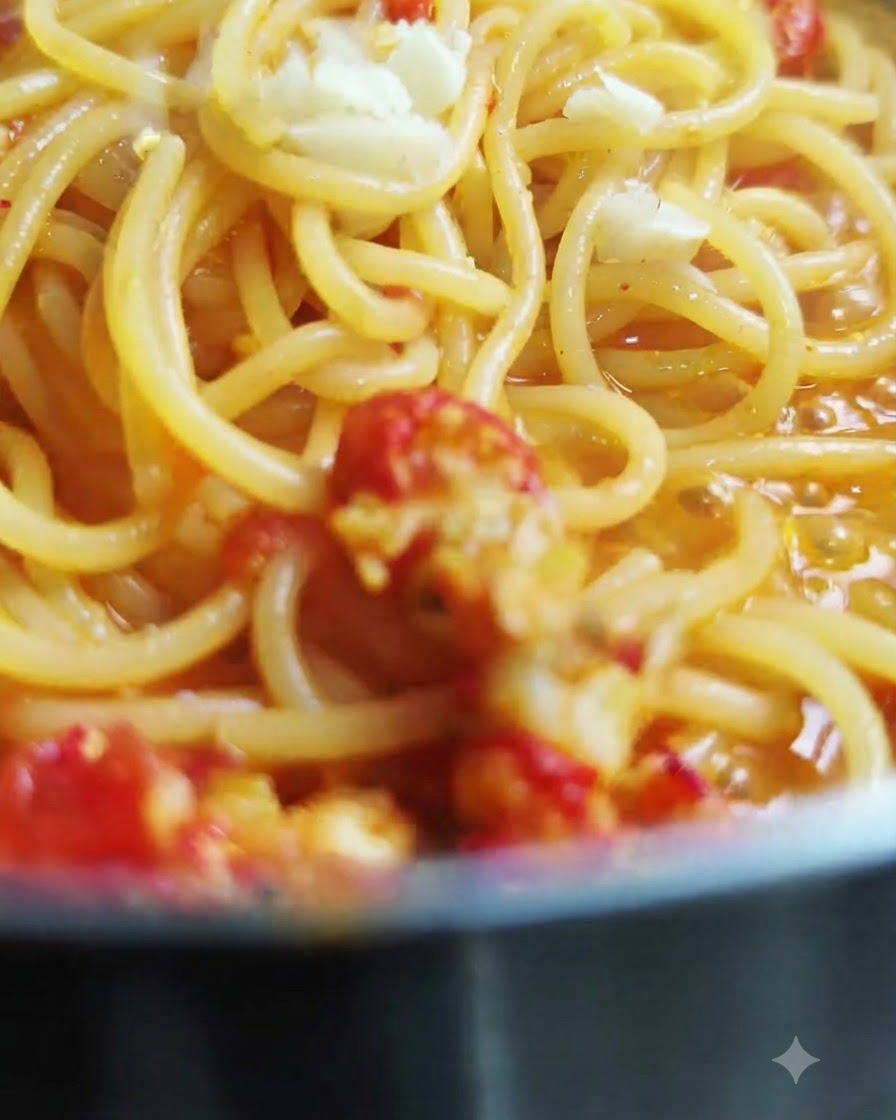 Świeżo posiekane kawałki czosnku posypane na wierzchu ugotowanego spaghetti wymieszanego w sosie.