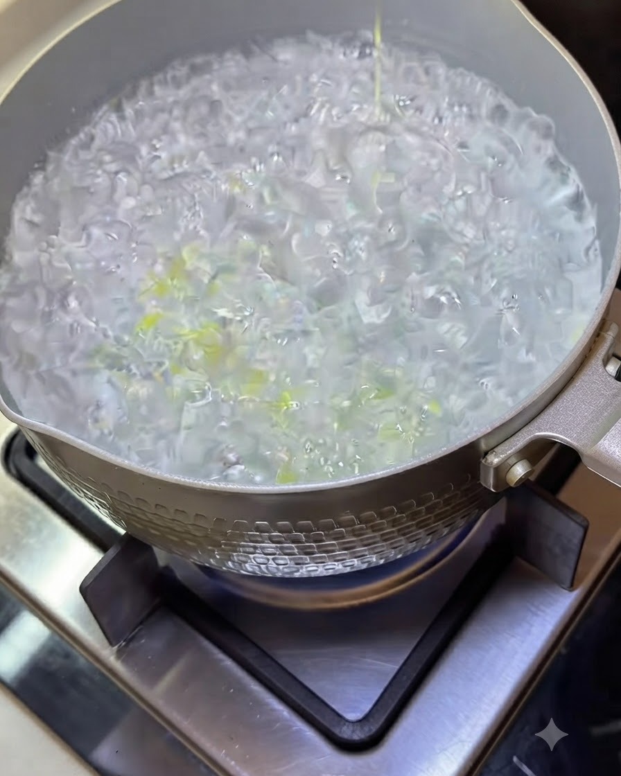 Nodle spaghetti gotujące się w garnku z wrzącą i bulgoczącą wodą.