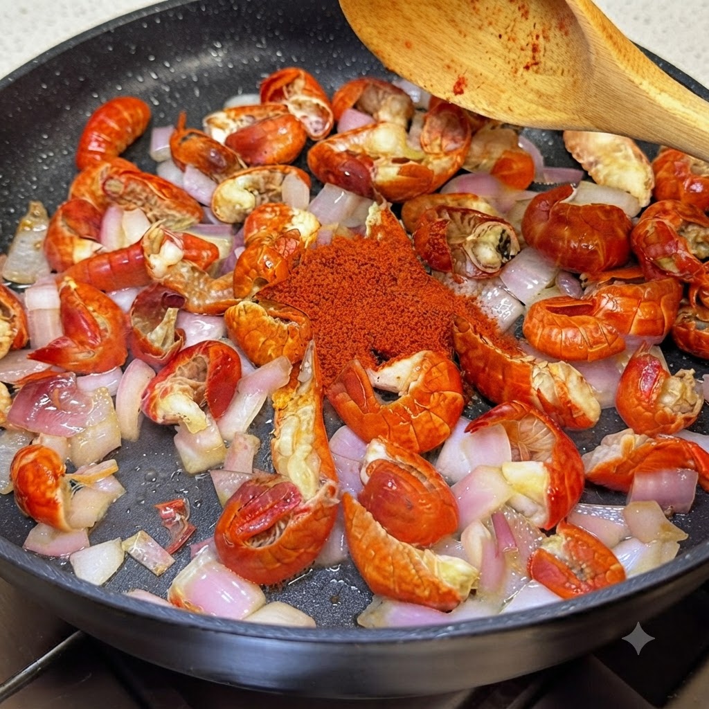 Przyprawy i pasta chili ułożone na szyjkach rakowych i cebuli na patelni, obok leży drewniana łyżka.