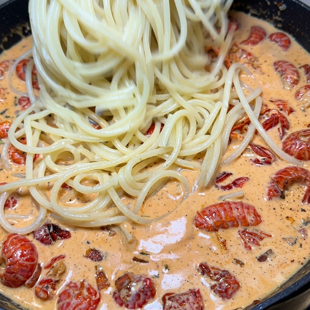 Nitki spaghetti wrzucane na patelnię wypełnioną kremowym sosem rakakowym.