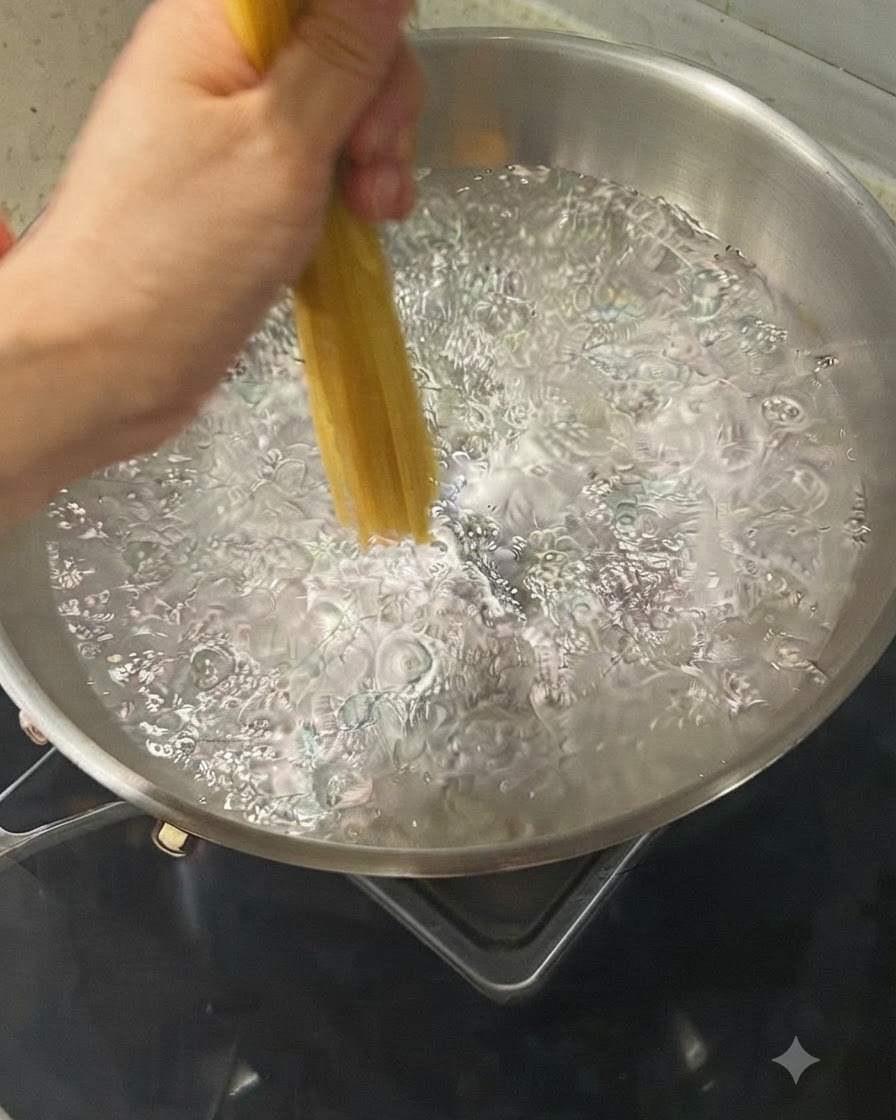Dłoń trzymająca i wkładająca porcję suchego makaronu spaghetti do garnka z wrzącą wodą.
