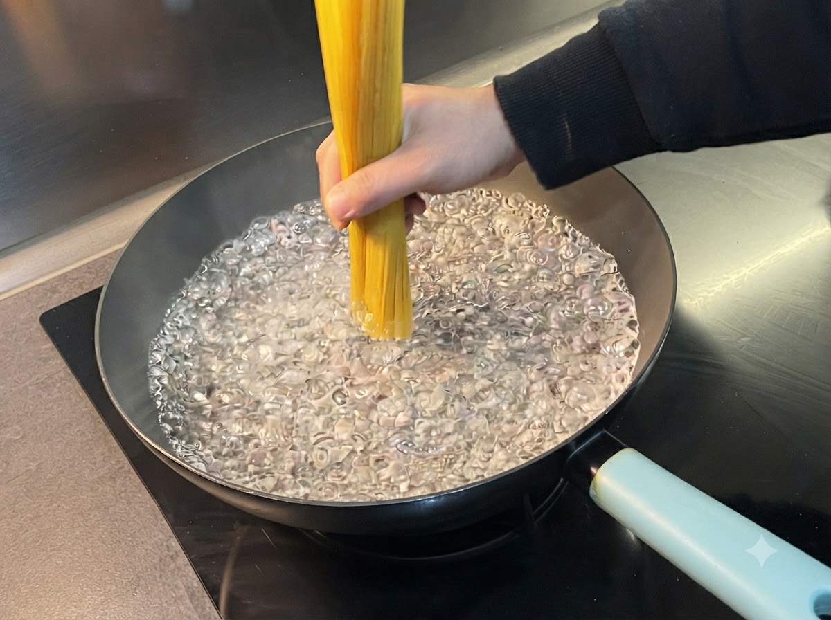 Dłoń trzymająca pionowo wiązkę suchego spaghetti w szerokim garnku z wrzącą wodą.