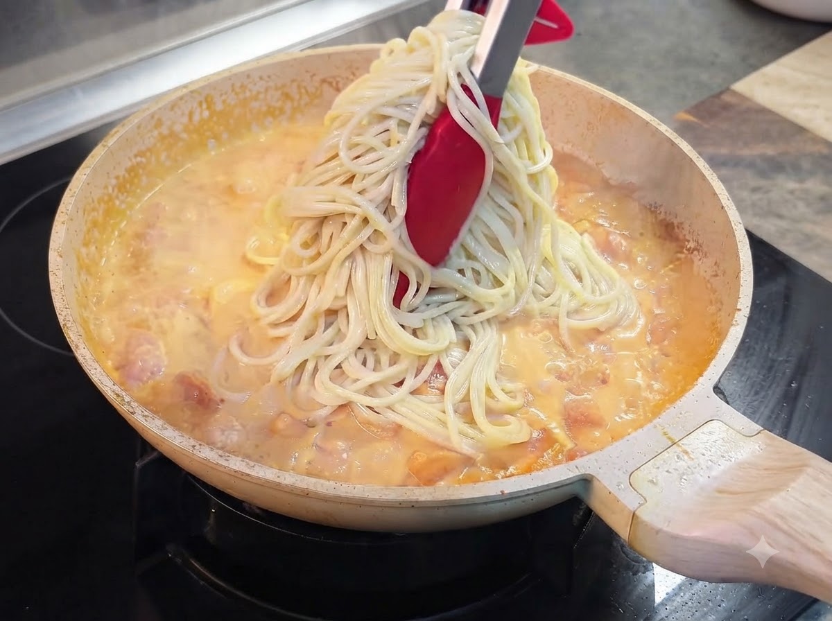 Szczypce przekładające ugotowane spaghetti prosto z garnka na patelnię z kremowym sosem pomidorowym.