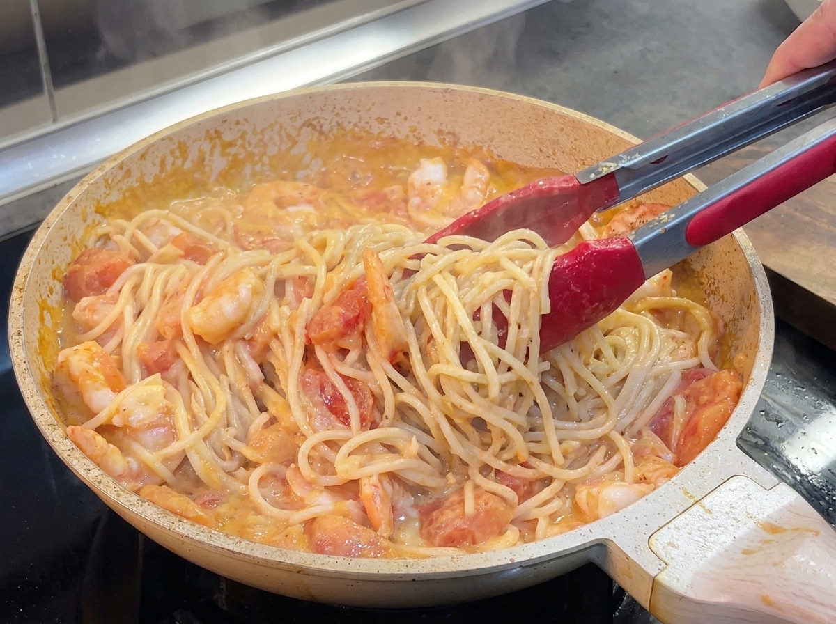 Spaghetti i krewetki mieszane szczypcami w kremowym sosie pomidorowym na patelni.