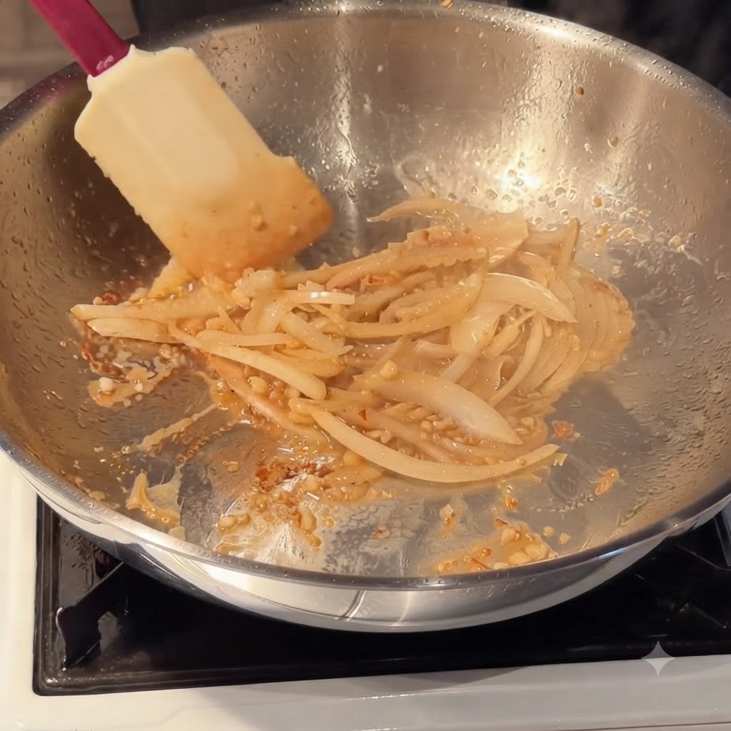 Śmietanka kremówka, koreańska pasta chili i pasta pomidorowa mieszane na sos na patelni.