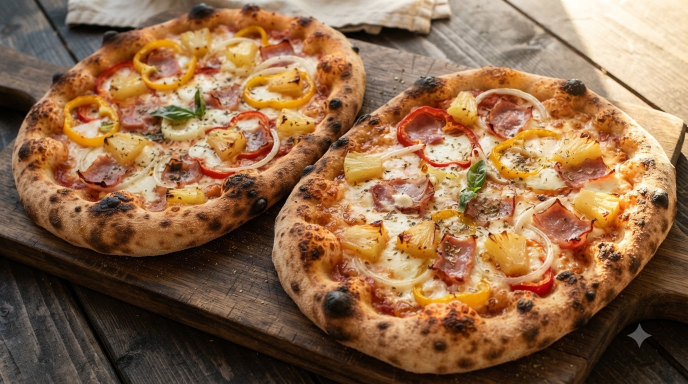 Dwie świeżo upieczone domowe pizze z ananasem, papryką, cebulą, szynką i roztopionym serem, podane na drewnianych deskach.