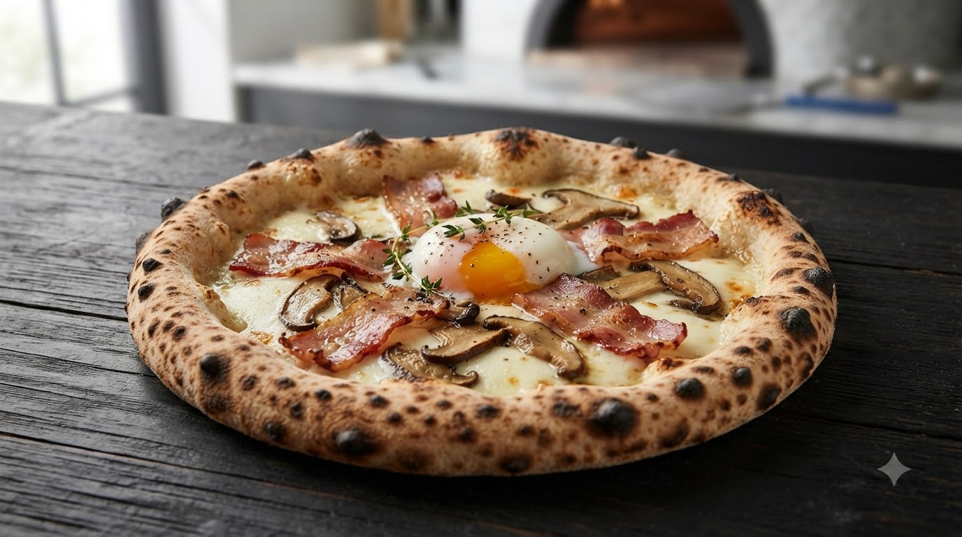Świeżo upieczona nowoczesna pizza neapolitańska z przypieczonym, puszystym brzegiem, posypana roztopioną mozzarellą, boczkiem, borowikami i jajkiem.