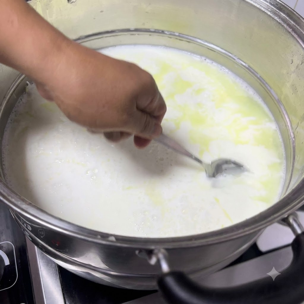 Łyżka nabierająca zcięte mleko z garnka, ukazująca miękkie białe grudki oddzielające się od żółtawej serwatki.