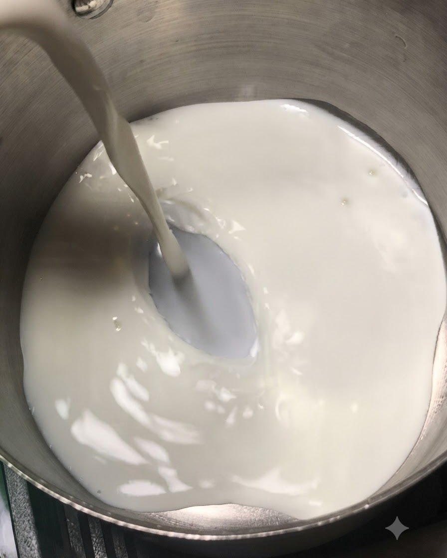 Mleko i gęsta śmietanka wlewane do garnka ze stali nierdzewnej na kuchence.