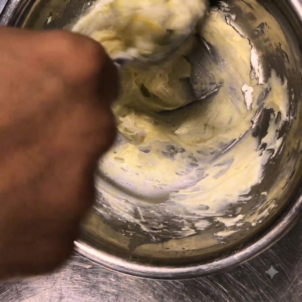 Dłoń używająca łyżki do mieszania i wygładzania schłodzonego sera ricotta w metalowej misce.