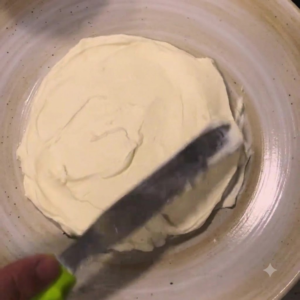 Domowy ser ricotta rozsmarowywany płaskim nożem w okrągłej warstwie na talerzu.
