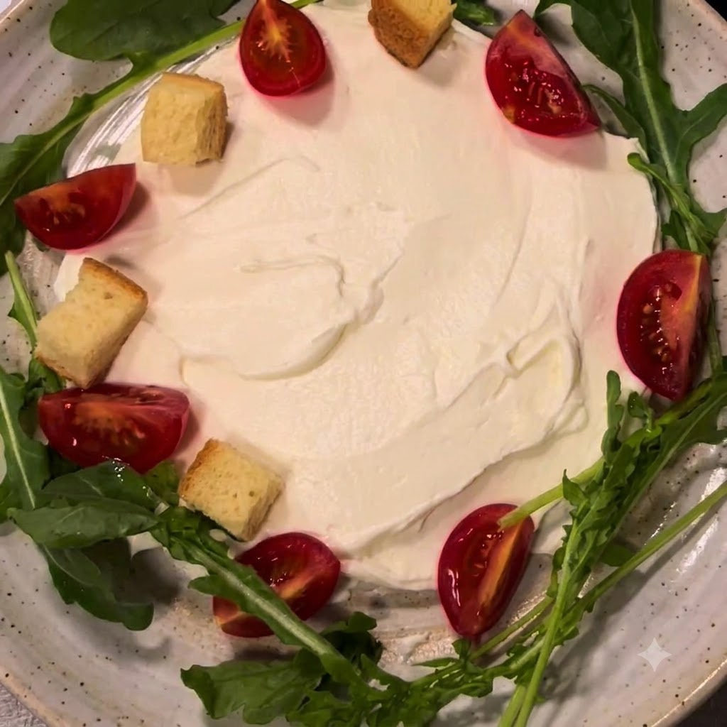 Chrupiące grzanki chlebowe umieszczone na serze ricotta obok pomidorków i rukoli.